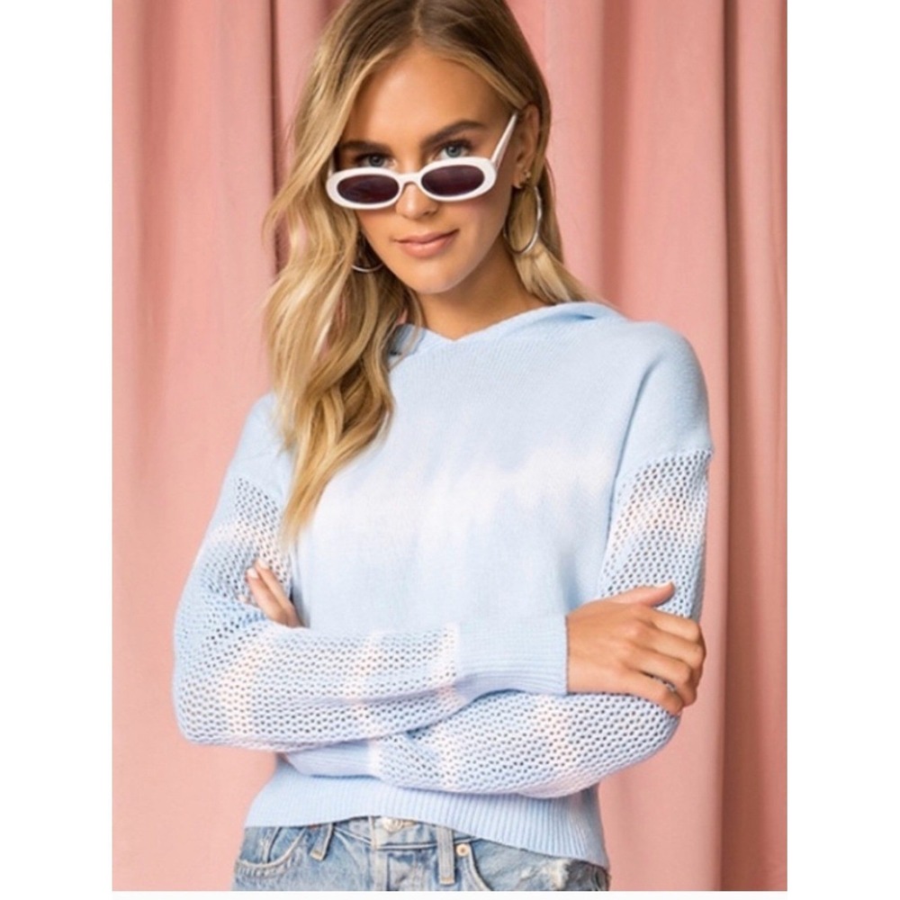 Superdown Light Blue Tie Dye Crochet Knit Hooded Sweater‎ XS Beachy Coastal Boho